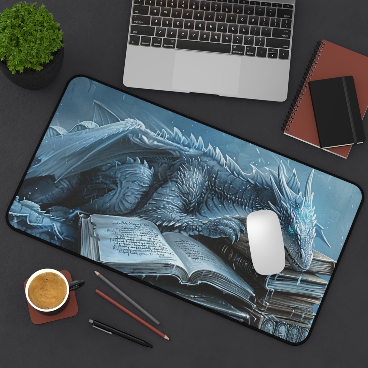 Ice Blue Dragon on Books Desk Mat | Fantasy Dragon Desk Pad