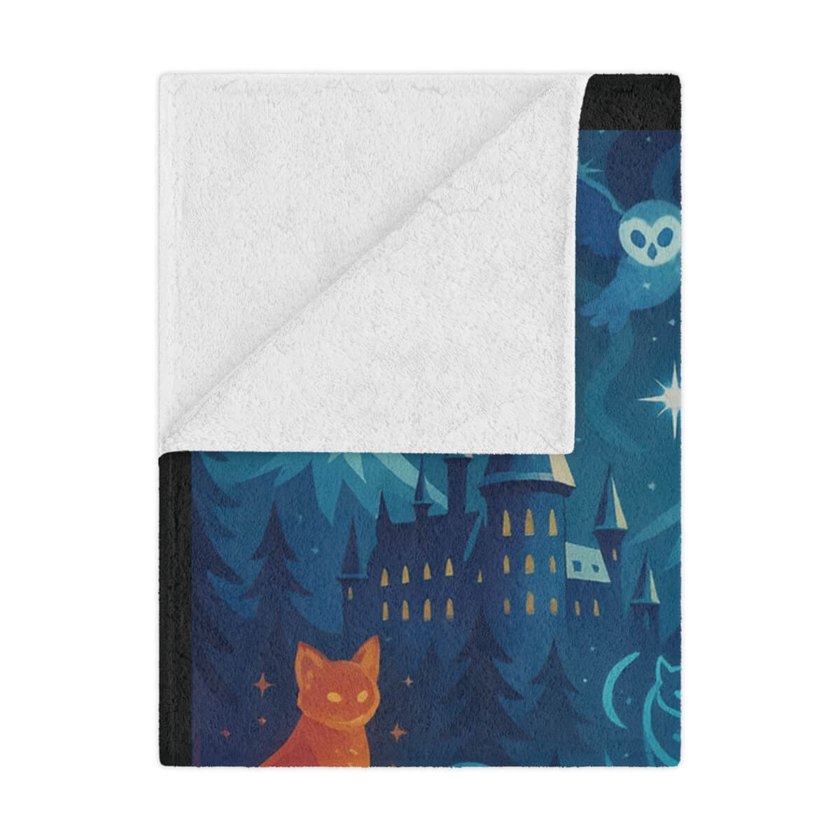 Folded blanket with a night scene design featuring a castle and fox on a white background