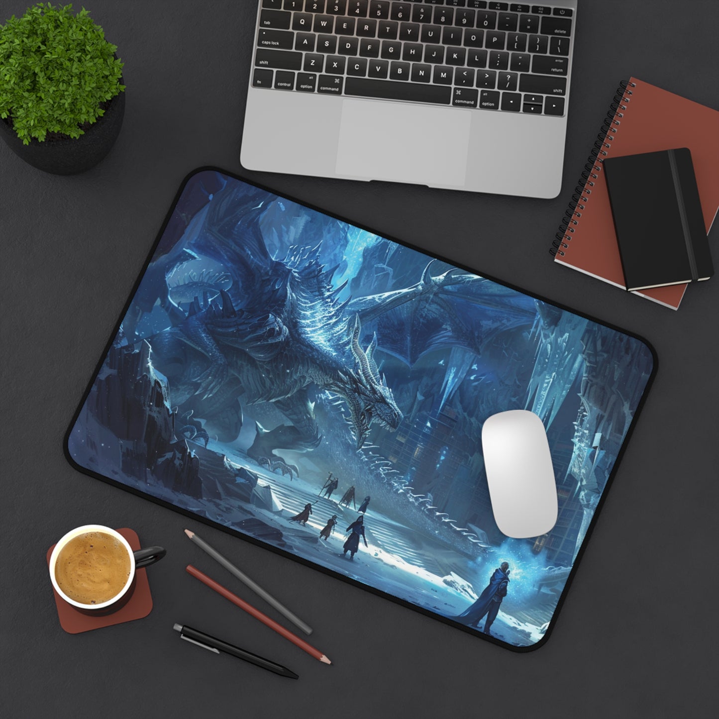 Ice Dragon Cave scene Desk Mat | Fantasy landscape mouse pad