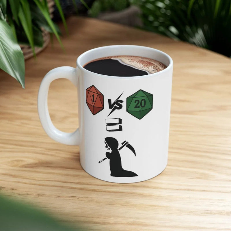 White mug with text saying "repeat after me love and peace" then has a hand making a cross symbol and a heart above the hand. Mug is on a table with a white tablecloth and is surrounded by a lit candle, pinecones, gold thread, cinnamon sticks.