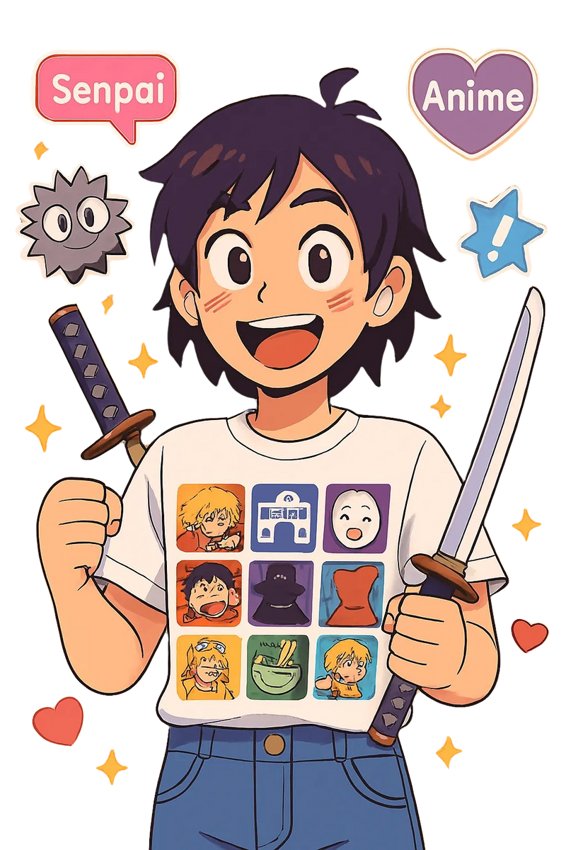 Anime fan character with two swords, expressive t-shirt, and playful icons like sparkles and hearts.
