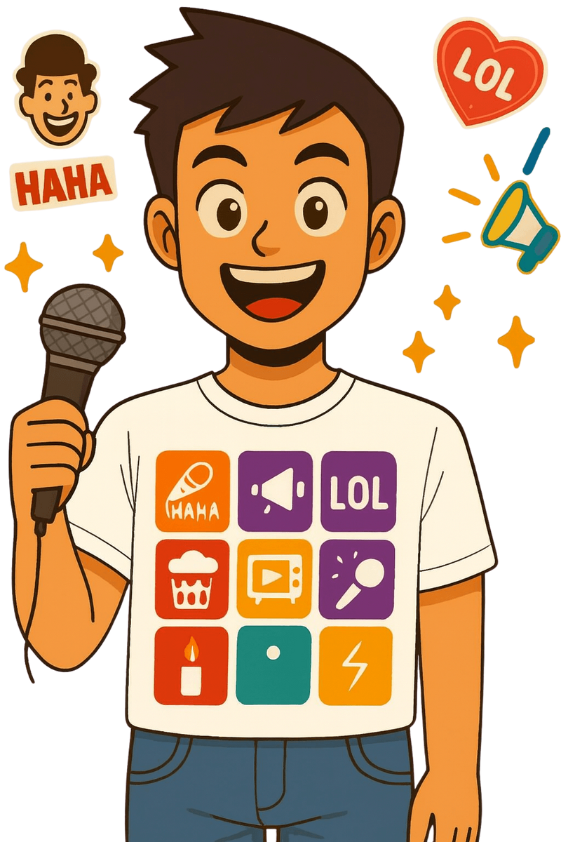 Smiling character with microphone, wearing a comedy-themed t-shirt and surrounded by playful entertainment icons.