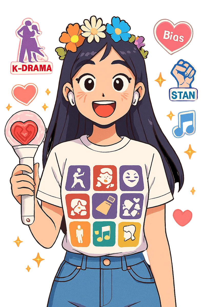 Smiling character with flower crown and lightstick, wearing a fandom-themed t-shirt and surrounded by K-pop icons.