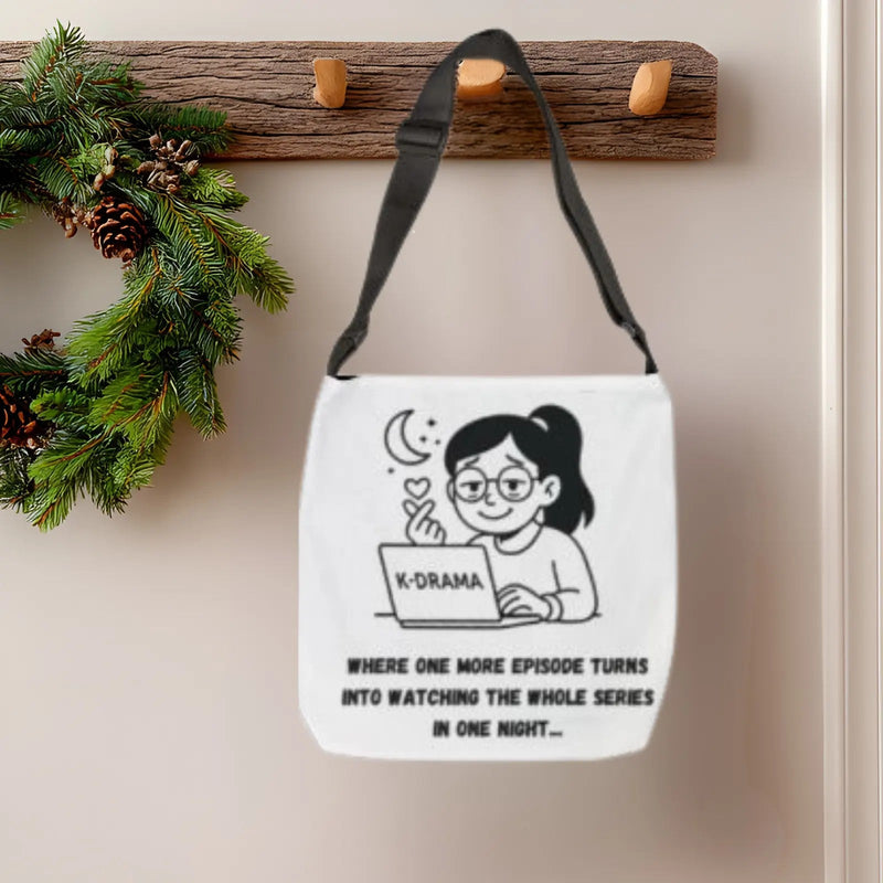 White tote bag with black strap featuring five circular illustrations and bold text ‘OLD SOUL OLD MUSIC,’ carried by a person in a music-themed room with vinyl records, framed posters, and a beige couch.