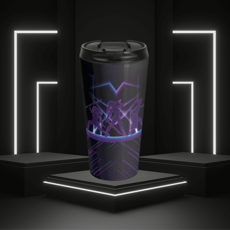 A Travel Mug Tumbler sitting on a woven basket with cotton branch in the background. The mug has a person going through a gate on the top and another person going through a portal on the bottom.