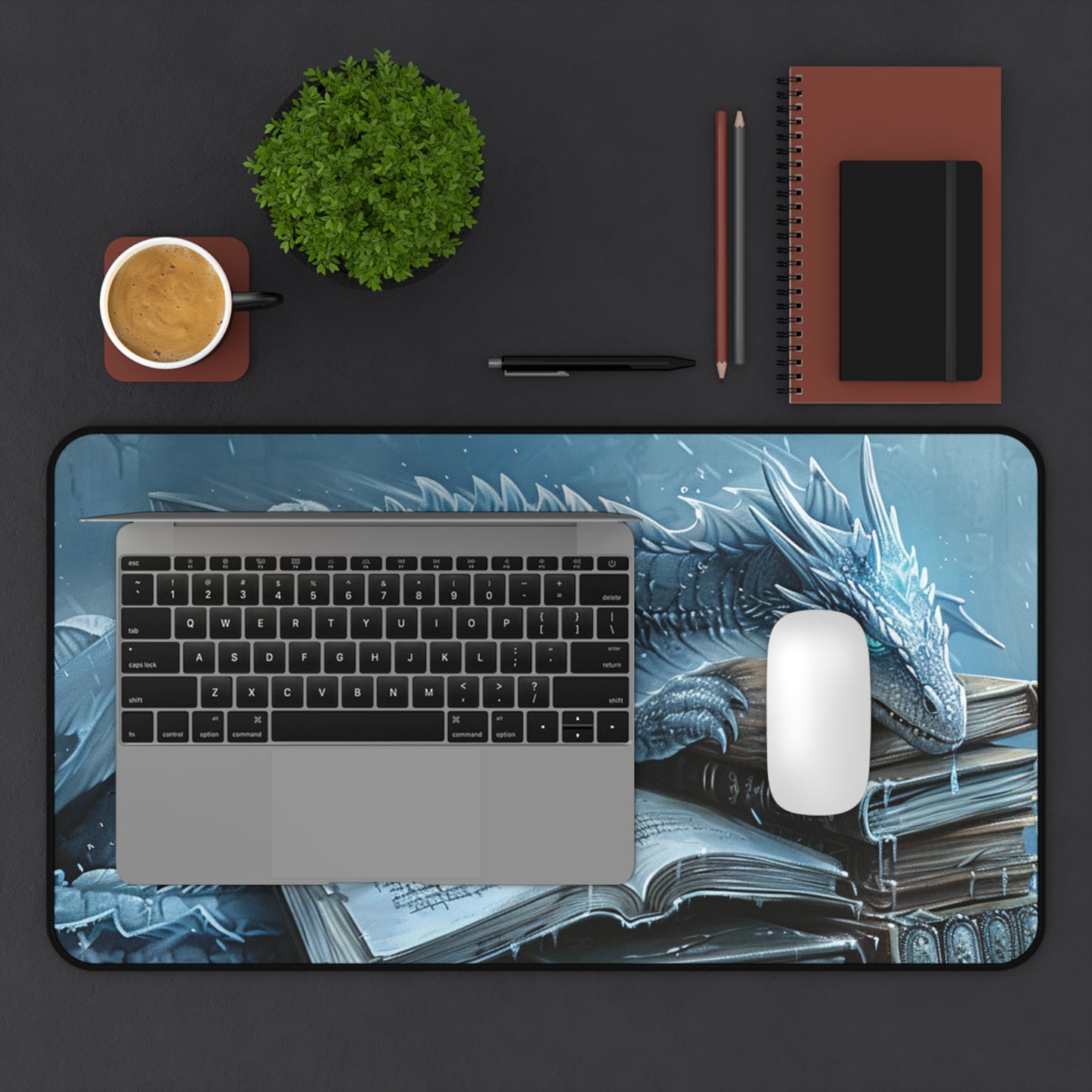 Ice Blue Dragon on Books Desk Mat | Fantasy Dragon Desk Pad