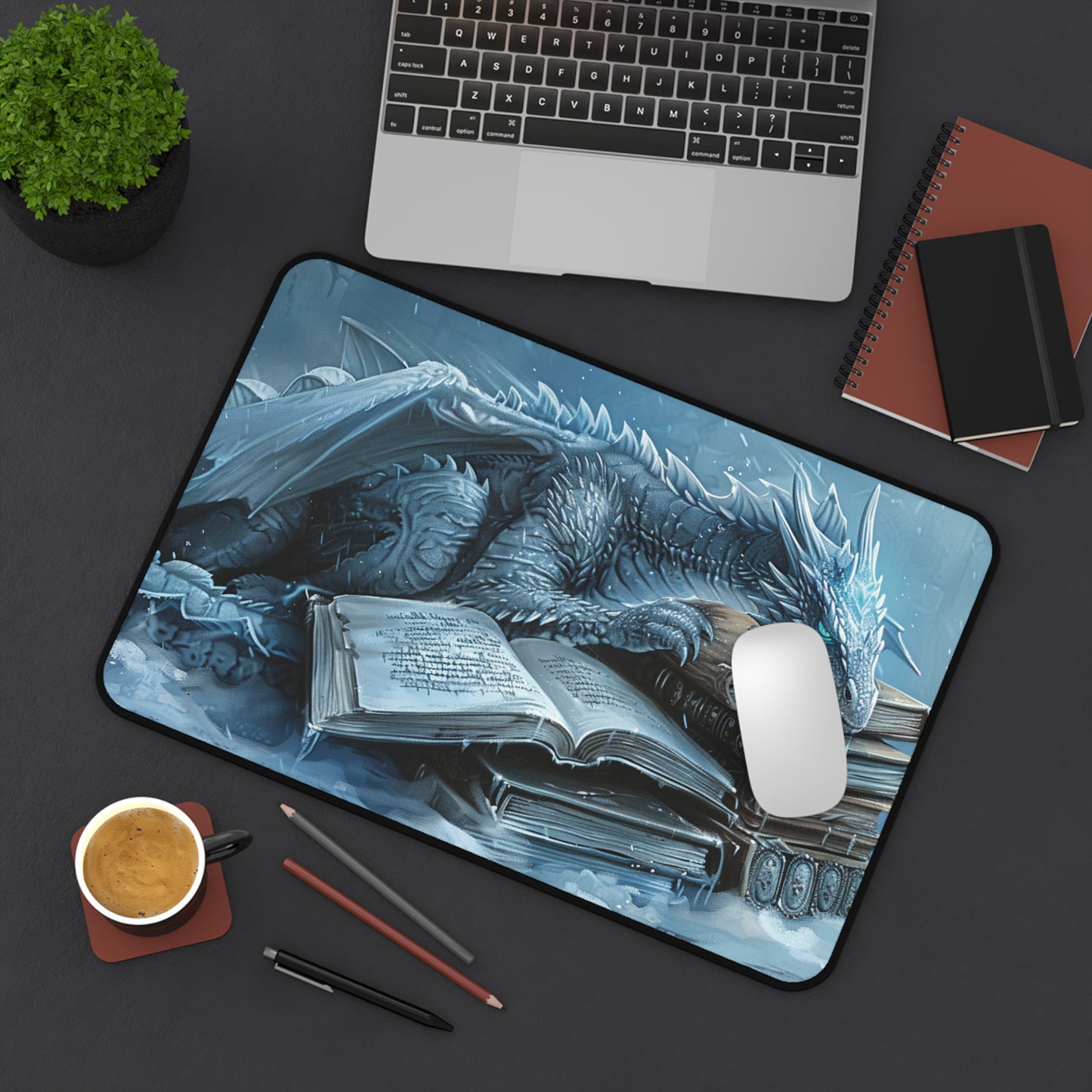 Ice Blue Dragon on Books Desk Mat | Fantasy Dragon Desk Pad