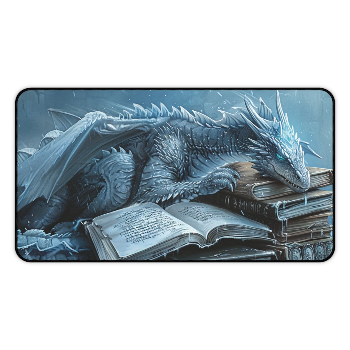 Ice Blue Dragon on Books Desk Mat | Fantasy Dragon Desk Pad