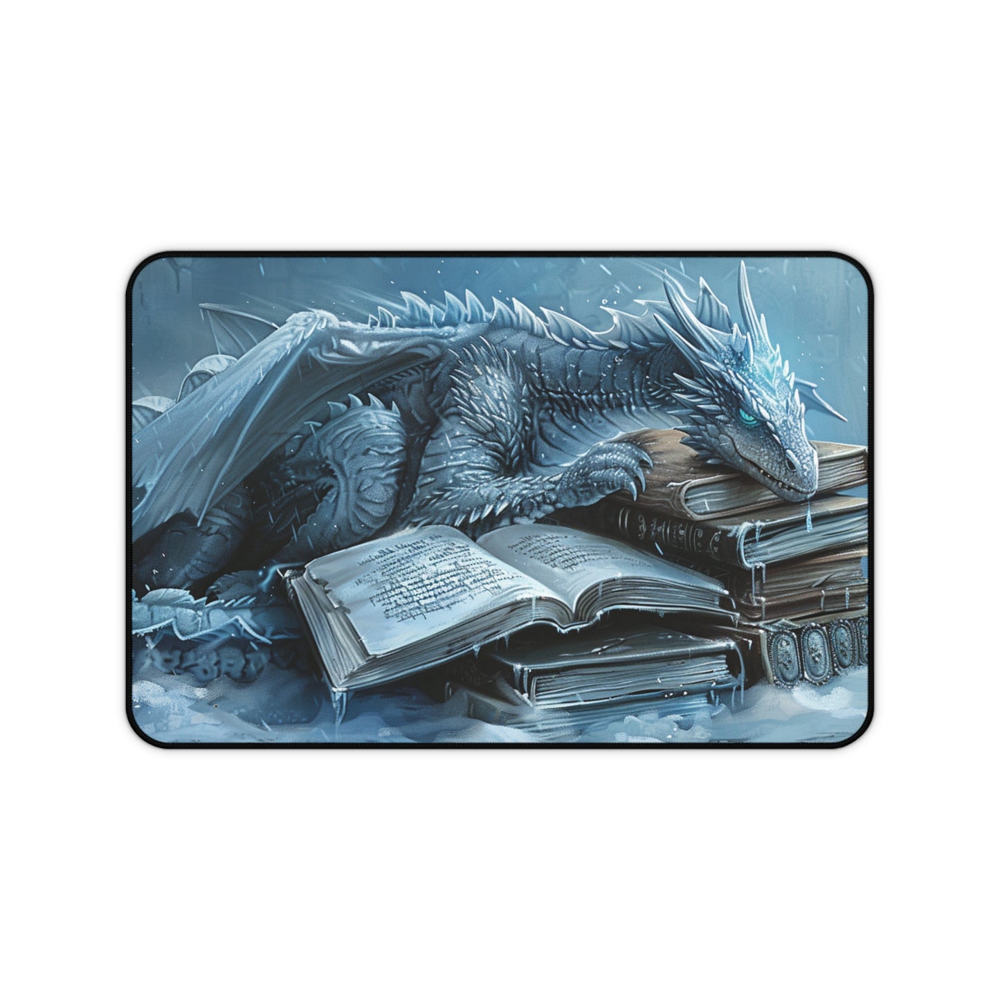 Ice Blue Dragon on Books Desk Mat | Fantasy Dragon Desk Pad