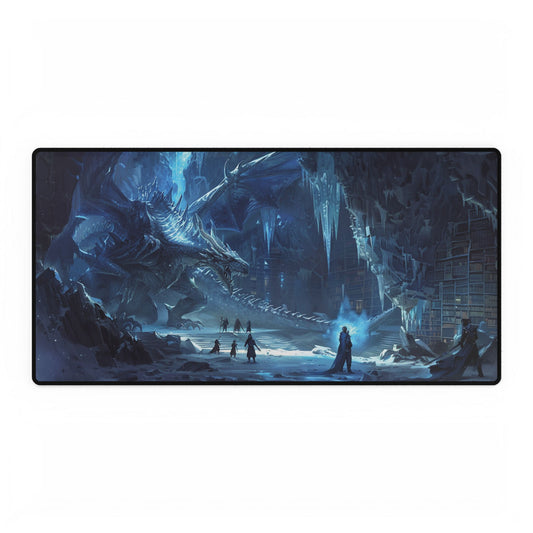Ice Dragon Lair Desk Mat | Fantasy Gaming Deskpad, Blue Dragon Cave Scene