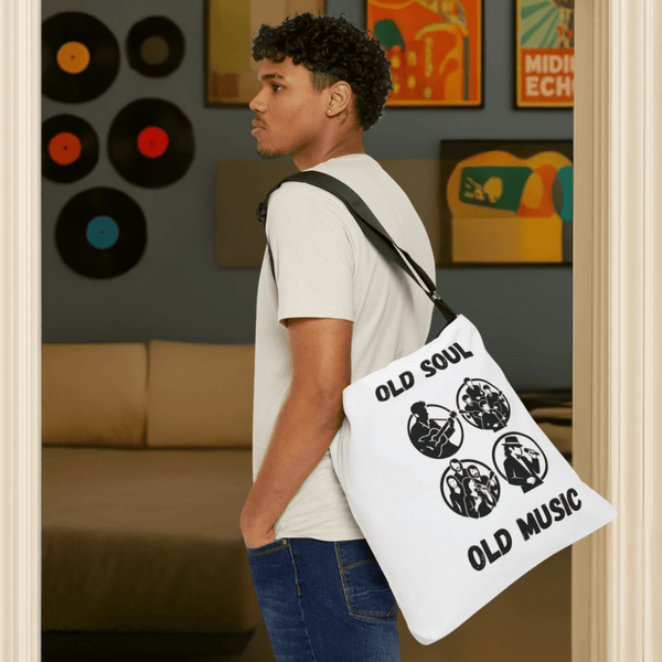 Person carrying a tote bag with 'Old Soul Old Music' design in a room with vinyl records on the wall.