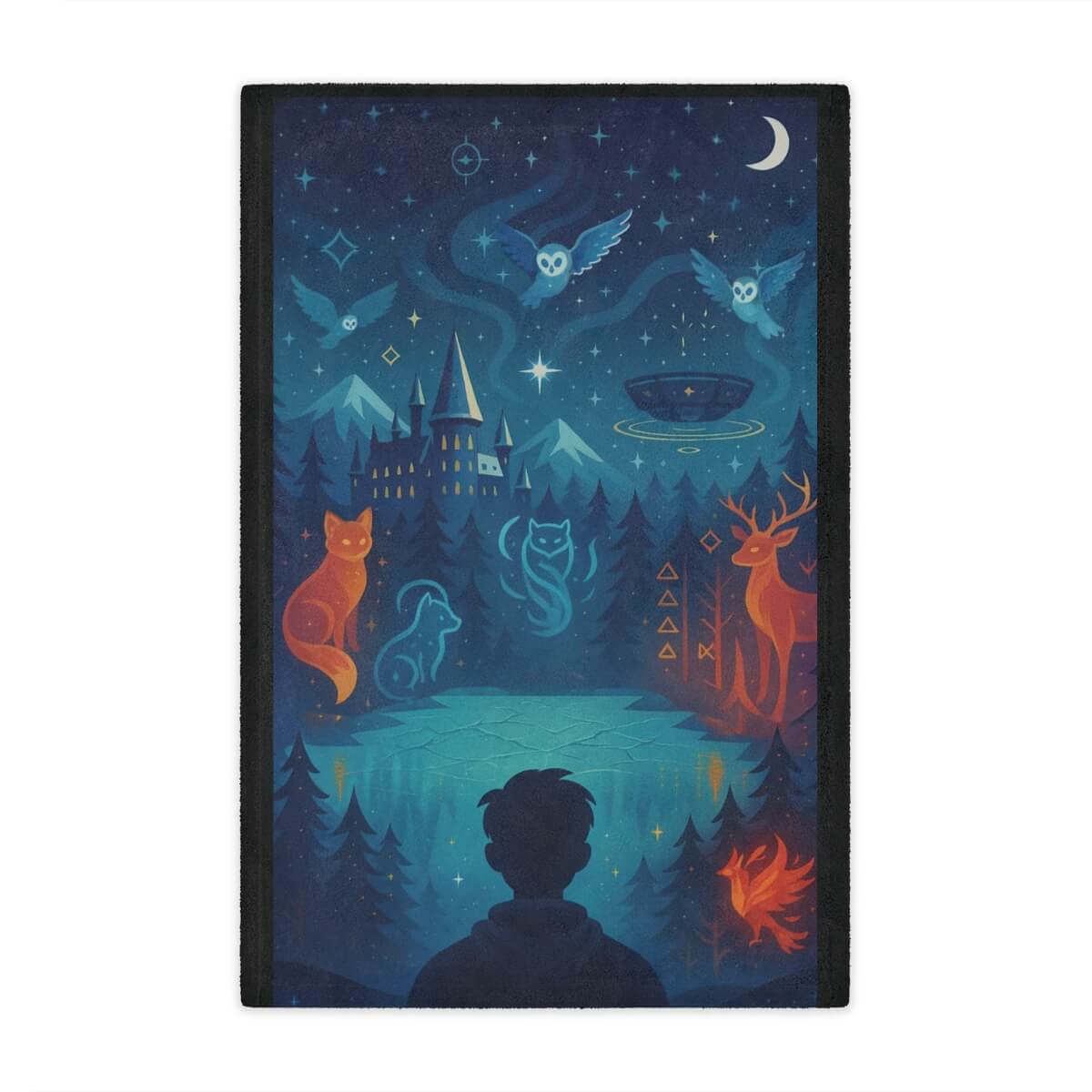 Blanket with fantasy landscape with a castle, floating arena, and animals under a starry sky.