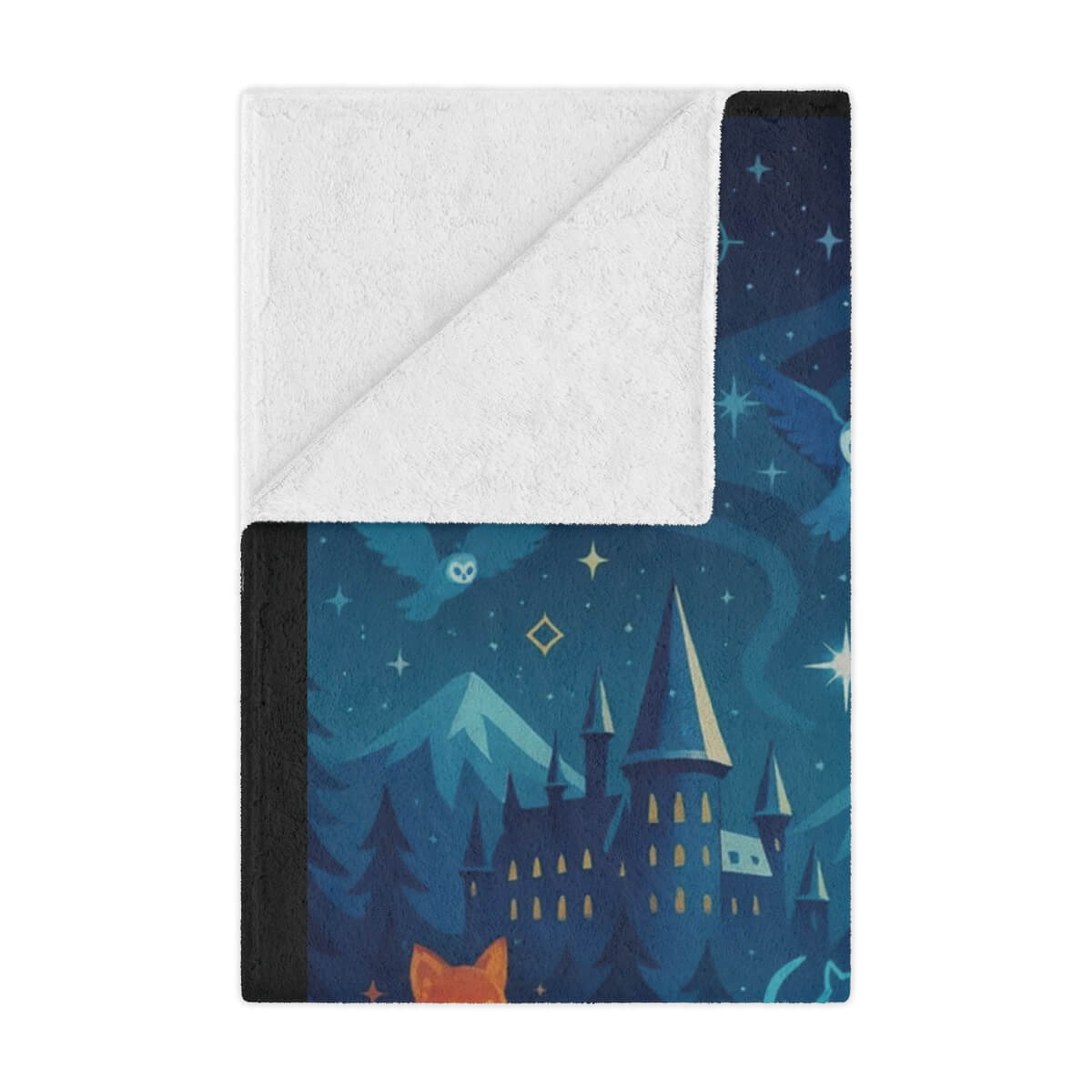 Blanket with a castle and forest design on a white background