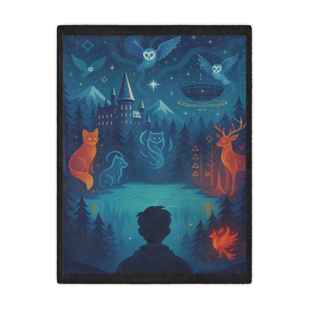 Blanket with fantasy landscape with a castle, floating arena, and animals under a starry sky.