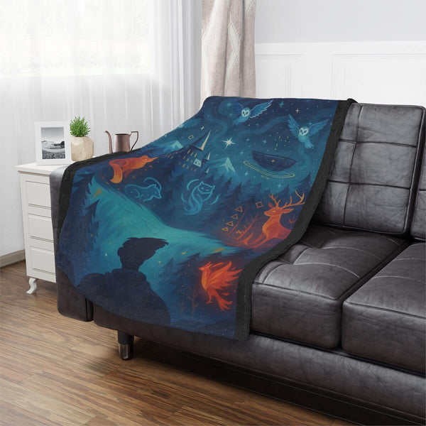 Decorative blanket with fantasy design on a gray sofa in a room.