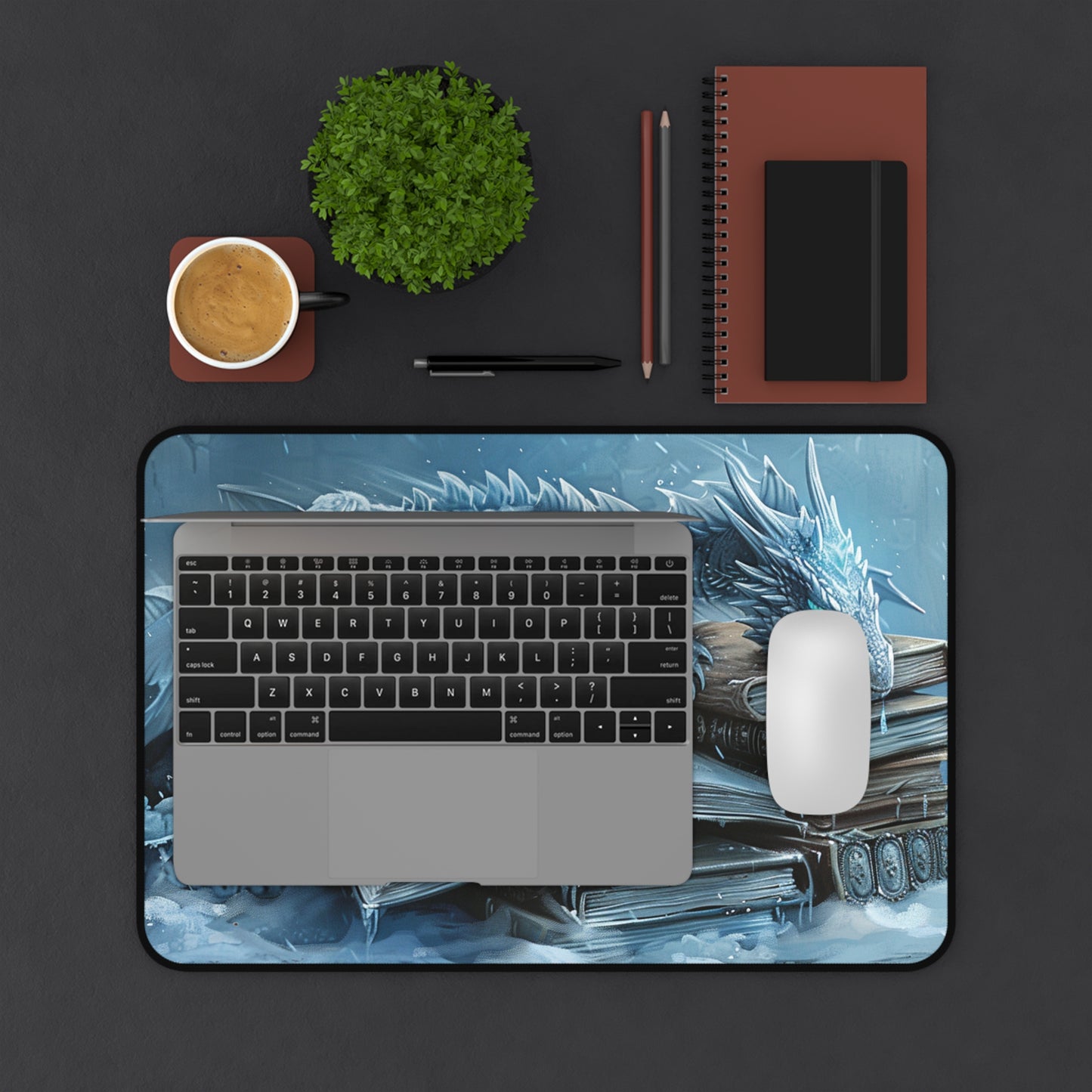 Ice Blue Dragon on Books Desk Mat | Fantasy Dragon Desk Pad