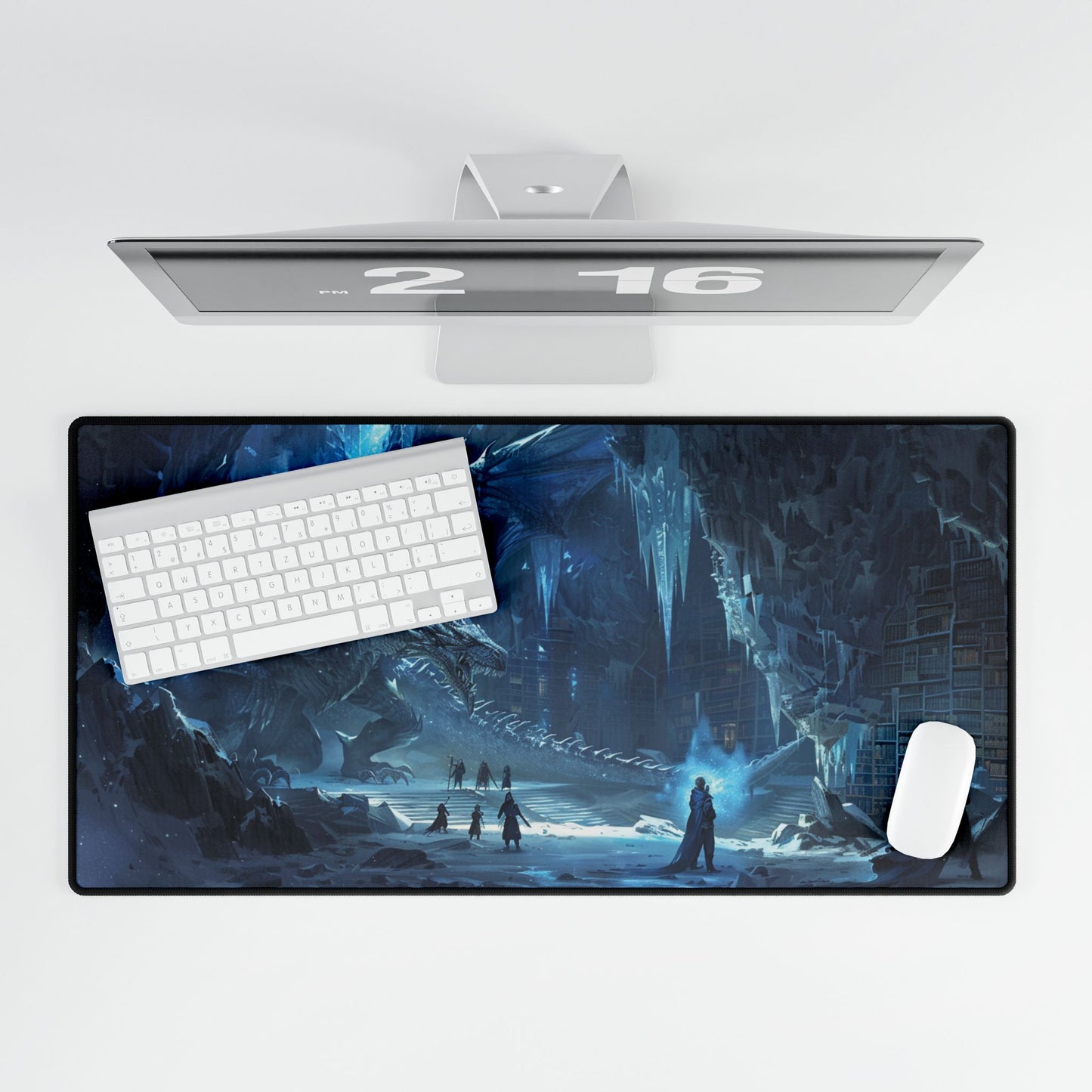 Ice Dragon Lair Desk Mat | Fantasy Gaming Deskpad, Blue Dragon Cave Scene